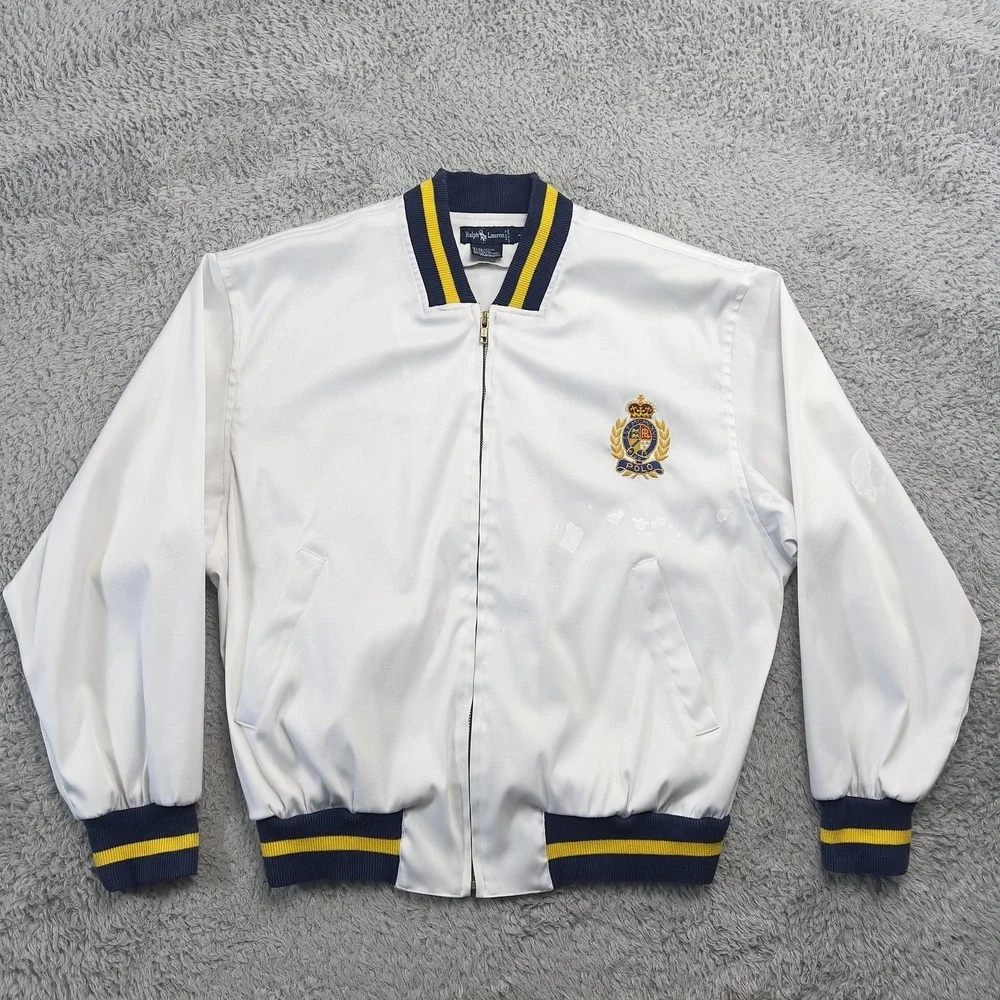 Vintage Polo Ralph Lauren Varsity Jacket Mens L White Satin Crest Hong Kong 90s
